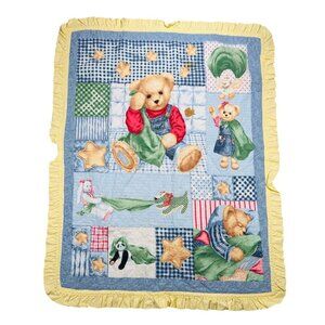 Vtg Blue Jean Teddy Bear Collection Baby Quilt Bedroom Collectible